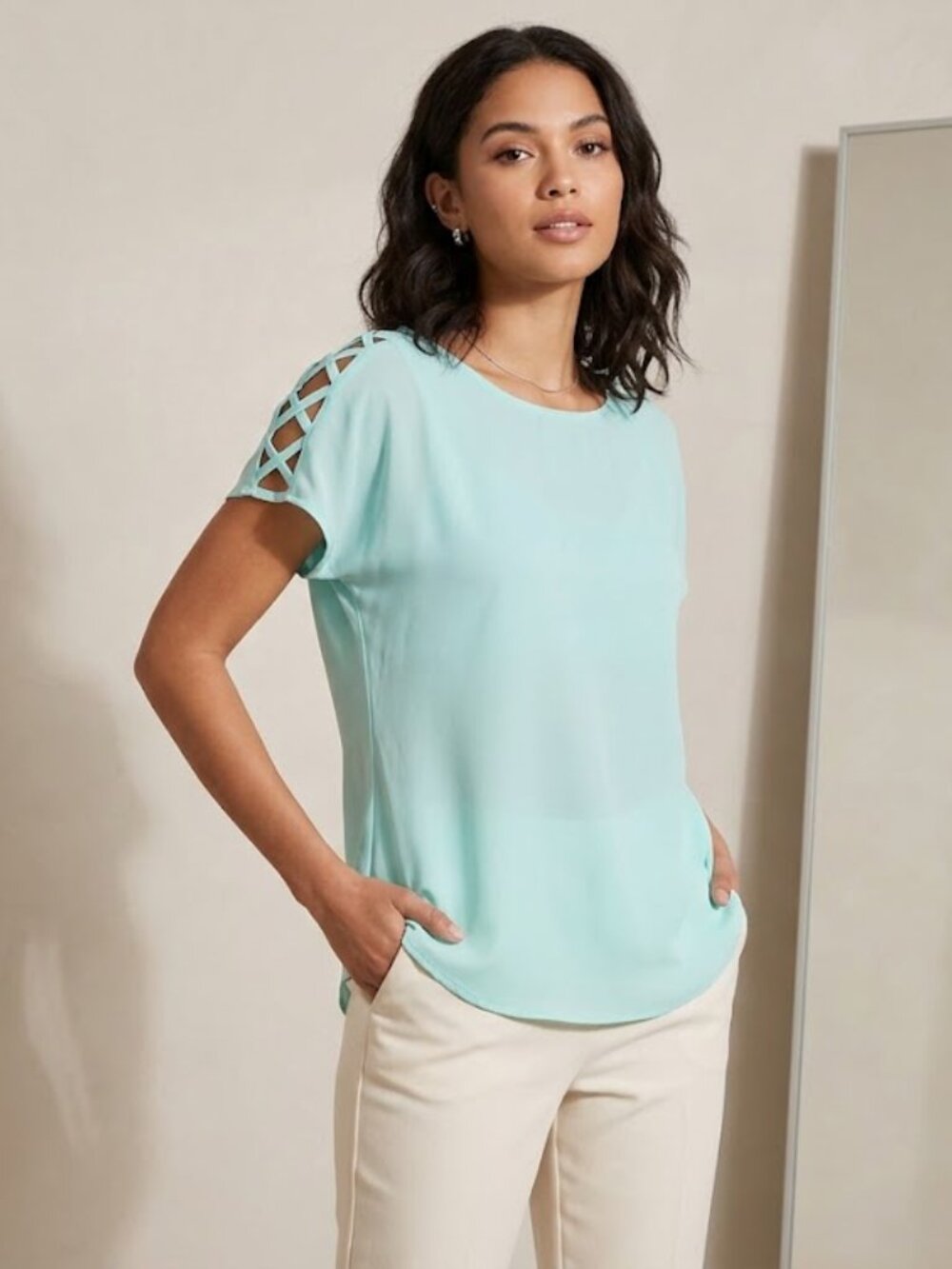 Express Aqua Chiffon Blouse with Cut Out Shoulder XS